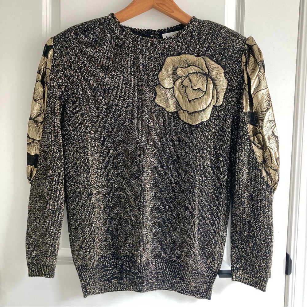 VINTAGE 80S BLACK AND GOLD SWEATER WITH METALLIC BALLOON SLEEVE